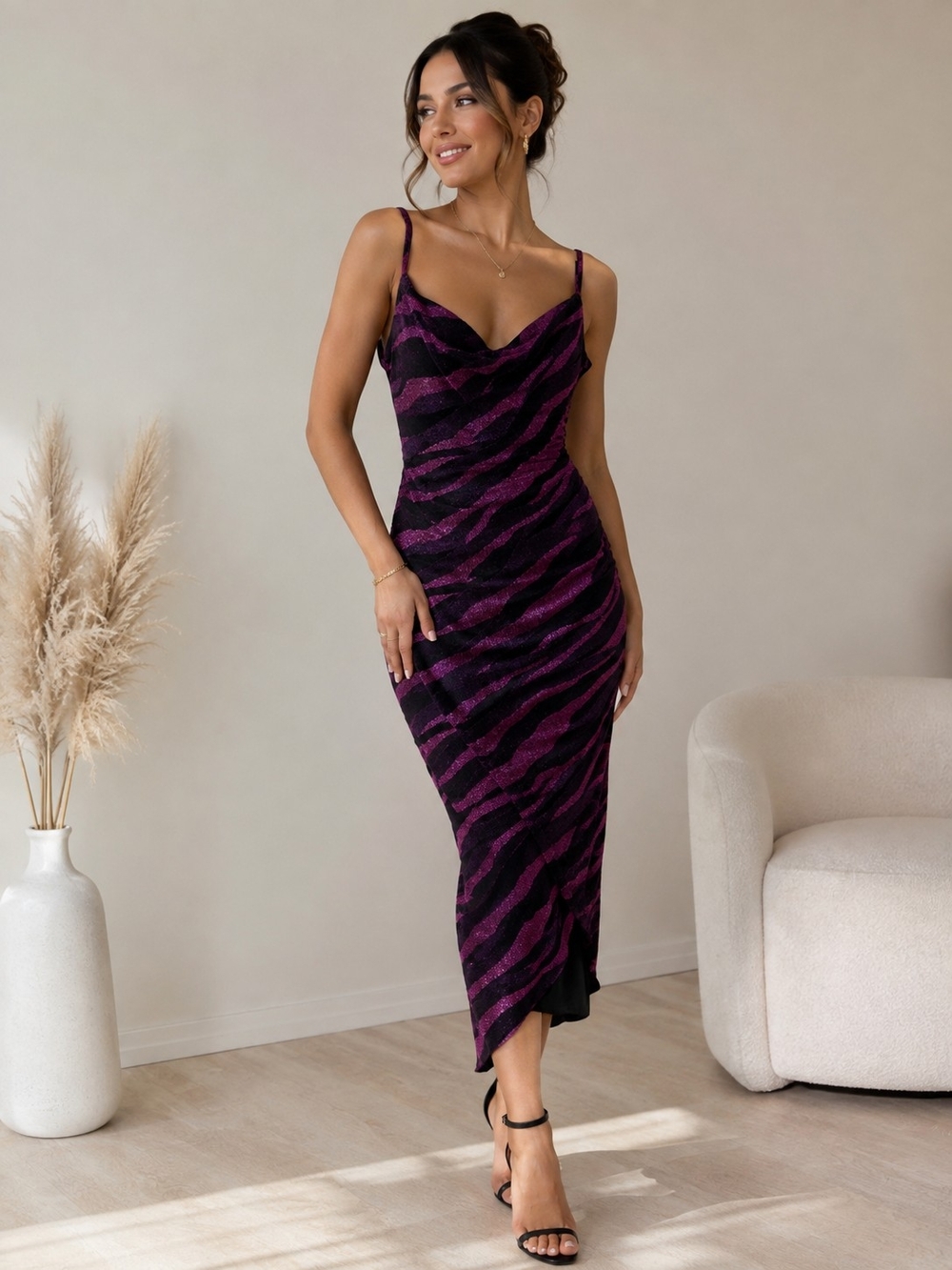 Siena Studio Purple & Black Zebra-Print Cowl Neck Midi Dress